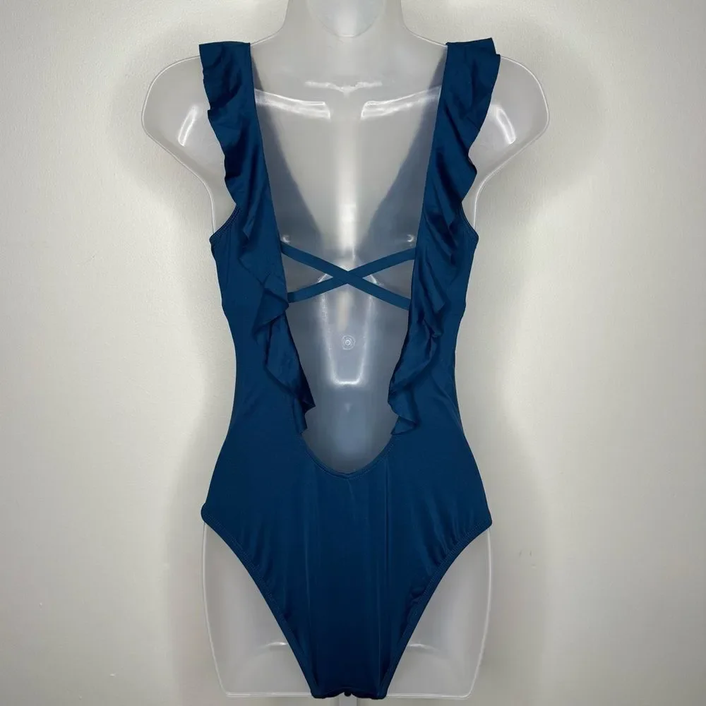 Shade & Shore Swimwear Ruffle Plunge One Piece. Size Small